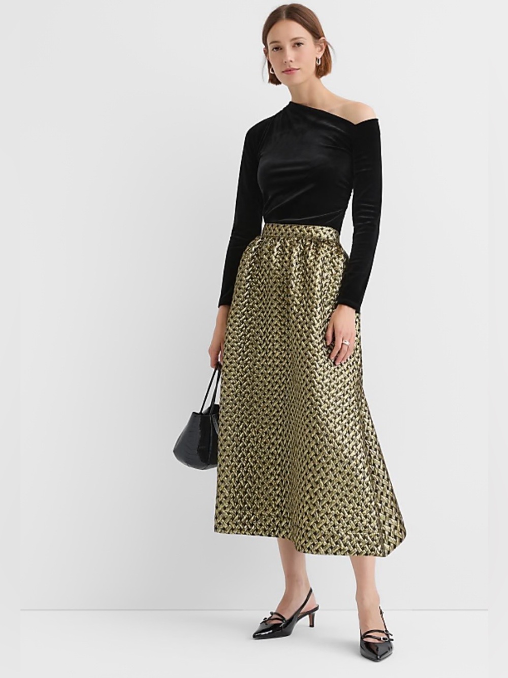 LOFT Gold Metallic Woven Jacquard Midi Maxi Skirt Size 8 Pockets Holiday Party